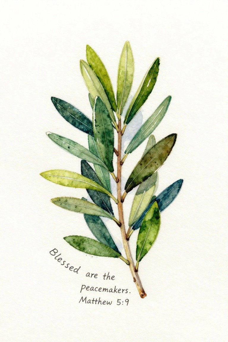 Watercolor olive branch with green leaves beside Matthew 5:9 peacemakers verse