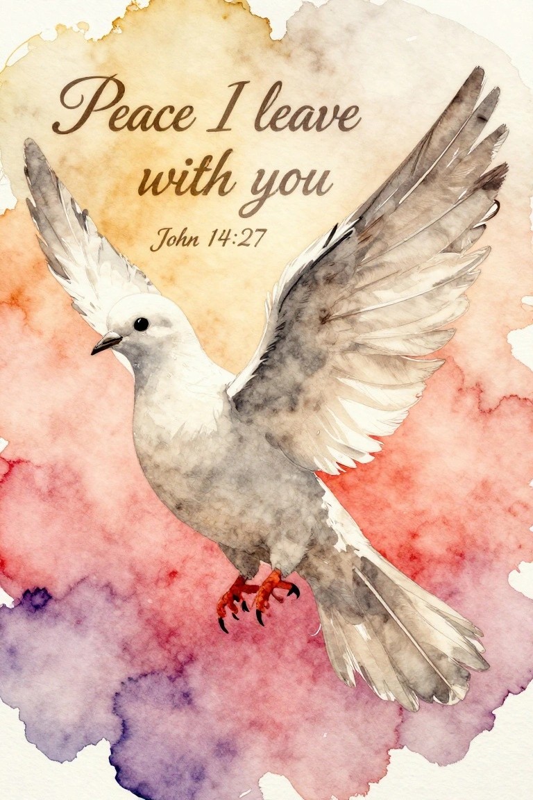 A watercolor-style painting of a gray and white dove in flight with wings spread, red feet visible, over a soft orange-pink-purple background, with the text