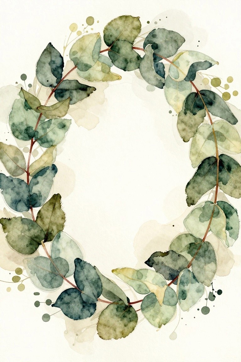 Watercolor wreath of green and blue eucalyptus leaves in circular formation