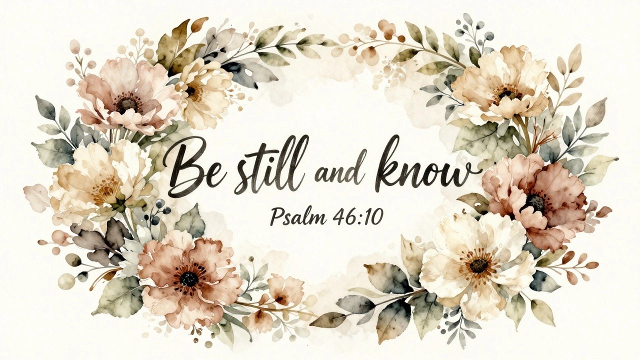 Watercolor floral wreath of pastel pink and cream flowers around "Be still and know" text