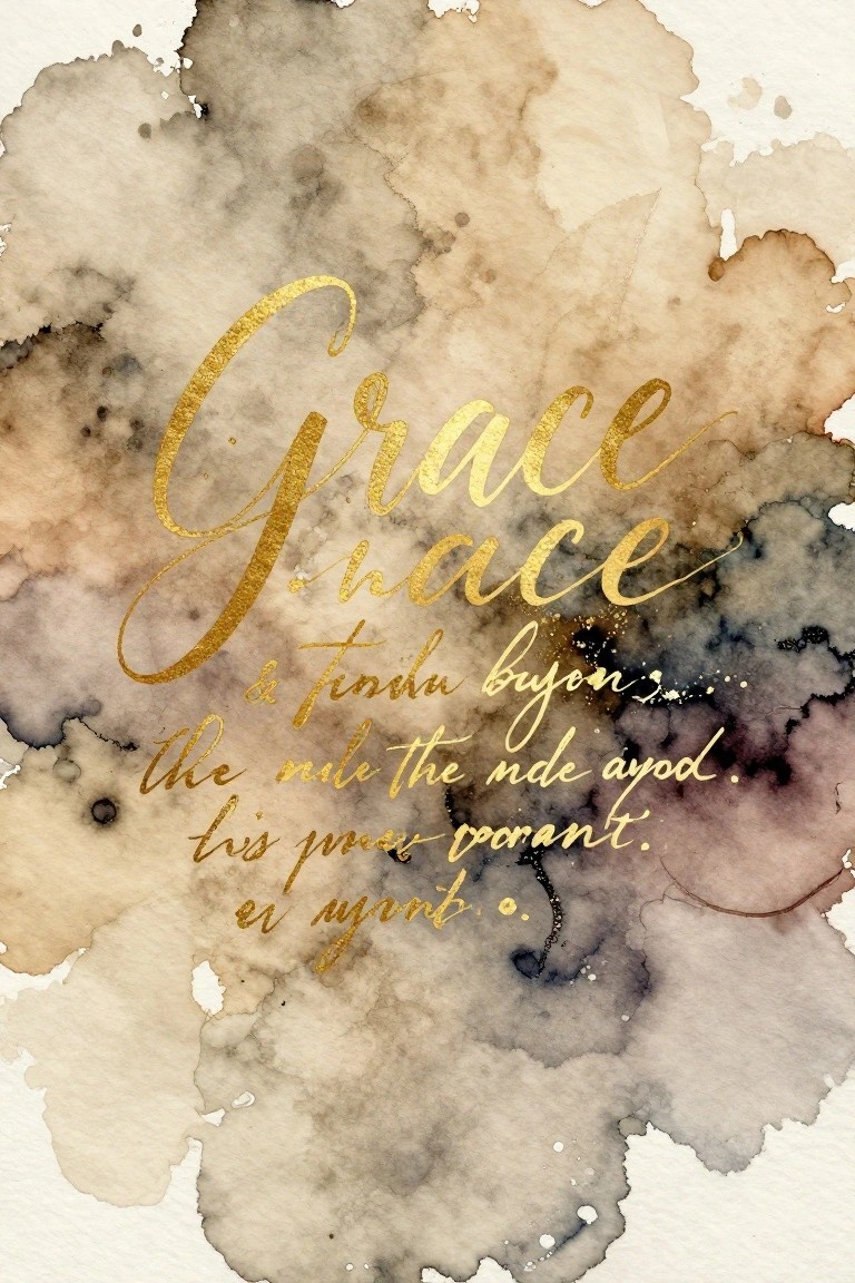Gold calligraphy text on abstract beige brown gray watercolor background