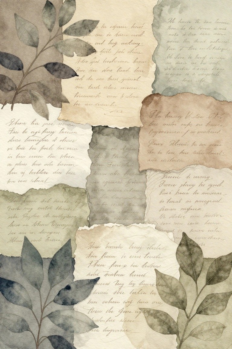 Torn paper collage with cursive text and watercolor botanical leaves.