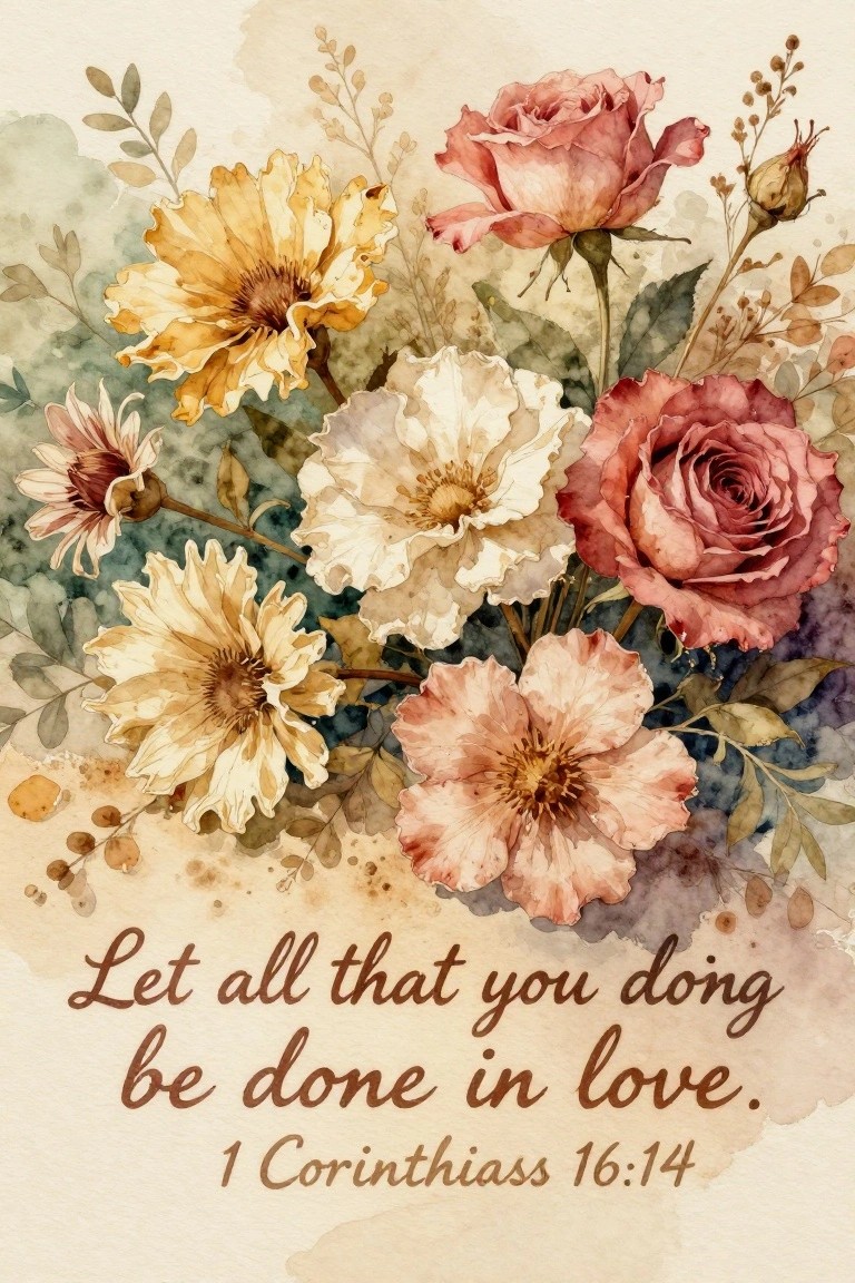 Watercolor bouquet of pink roses and yellow-white flowers with Bible verse below