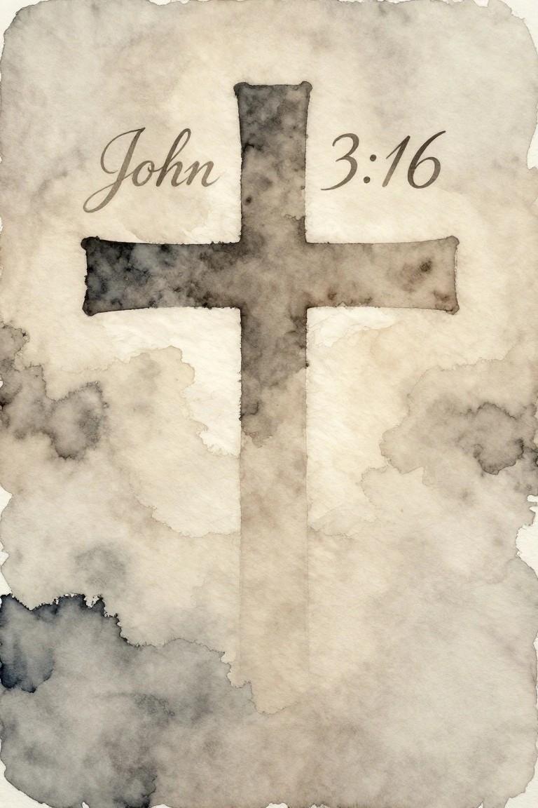 Watercolor cross with John 3:16 text on aged torn paper background