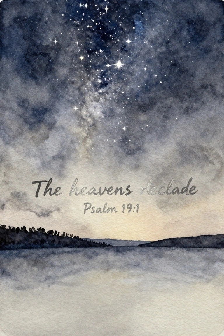 Watercolor painting of a dark starry sky fading to a pale horizon above a land silhouette with the text