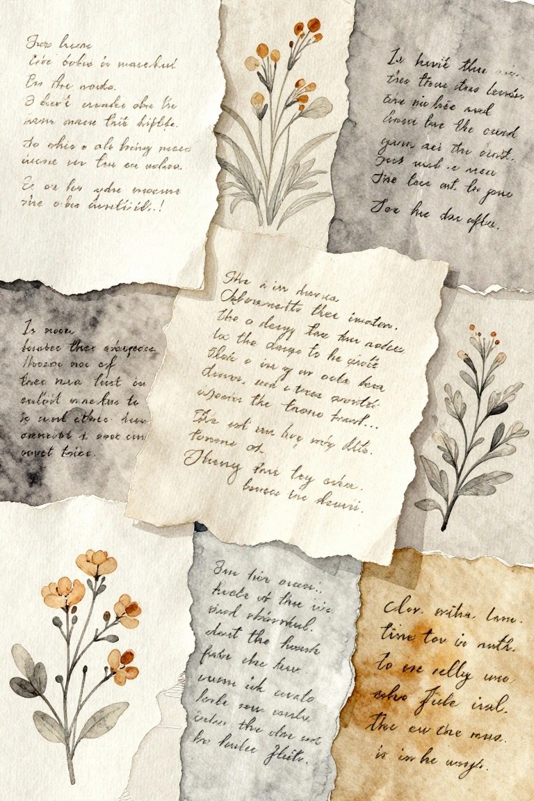 Torn paper scraps with cursive text and delicate watercolor floral illustrations.