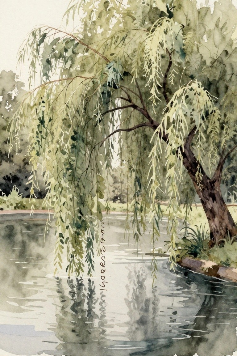 Watercolor of weeping willow tree with drooping branches reflected in calm pond.