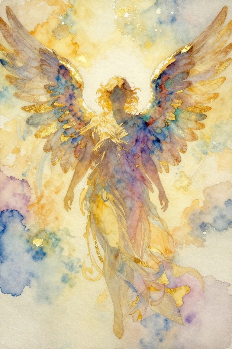 Watercolor angel with flowing multicolored wings and golden accents in cloudy sky