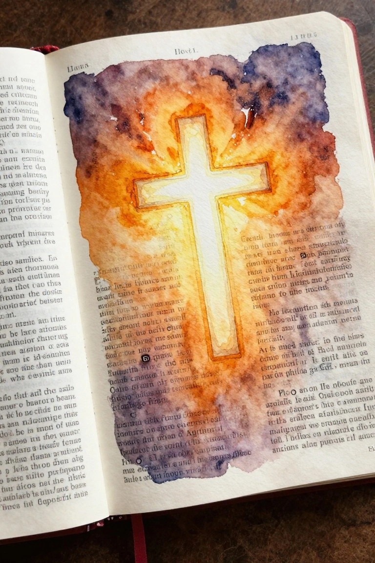 Open book with glowing orange-yellow watercolor cross over Latin text pages.