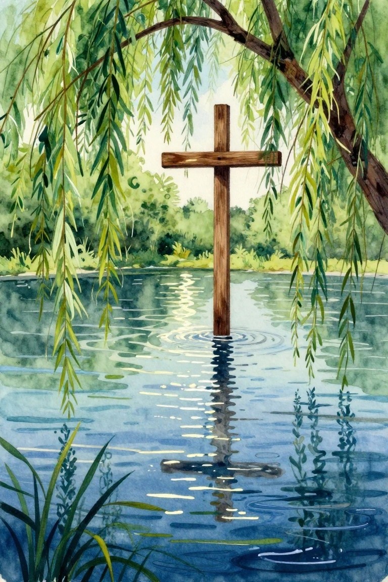 Wooden cross in rippling blue water beneath green weeping willow branches, watercolor painting.