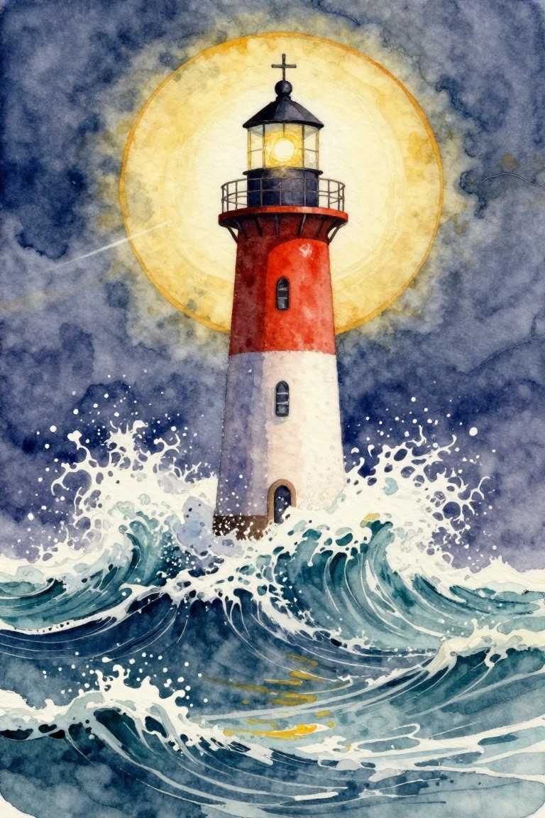 Watercolor lighthouse with red-white stripes amid crashing waves under glowing moon