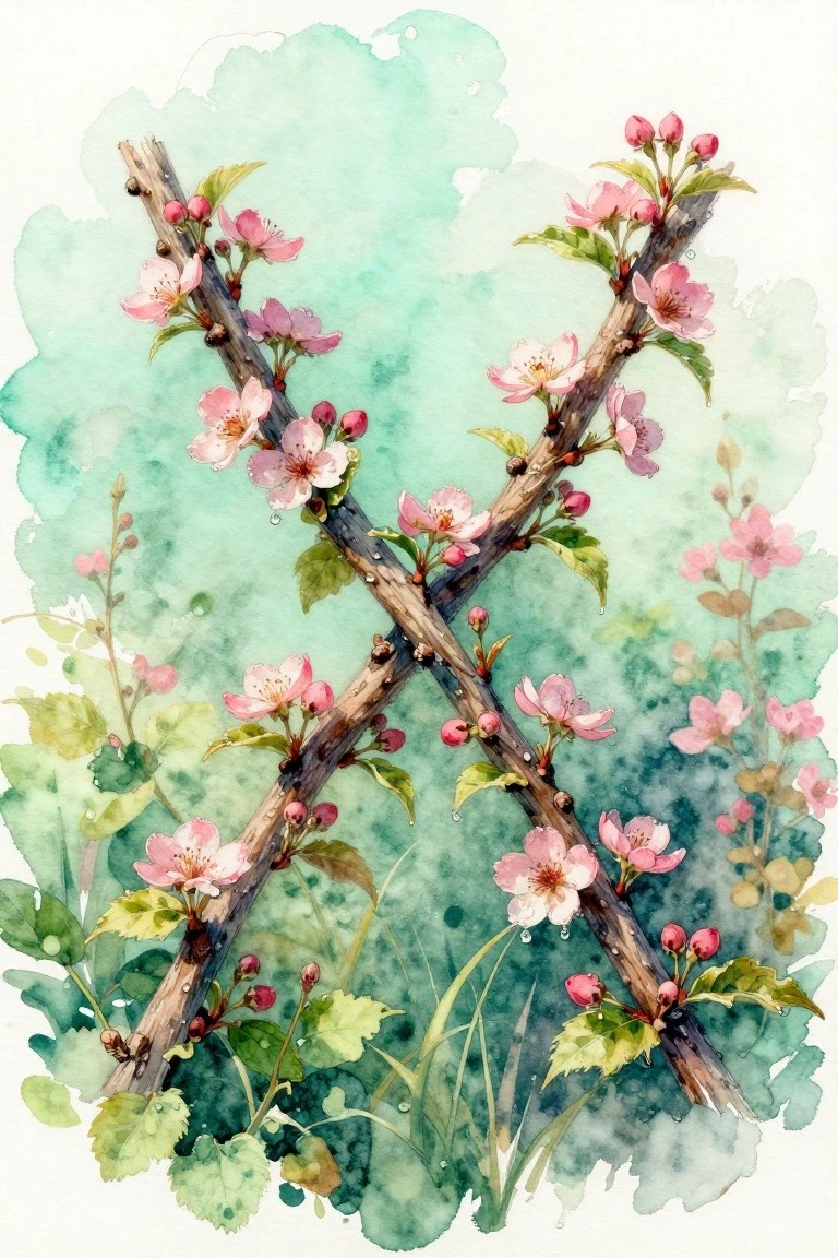 Crossed branches blooming with pink cherry blossoms on a green watercolor background