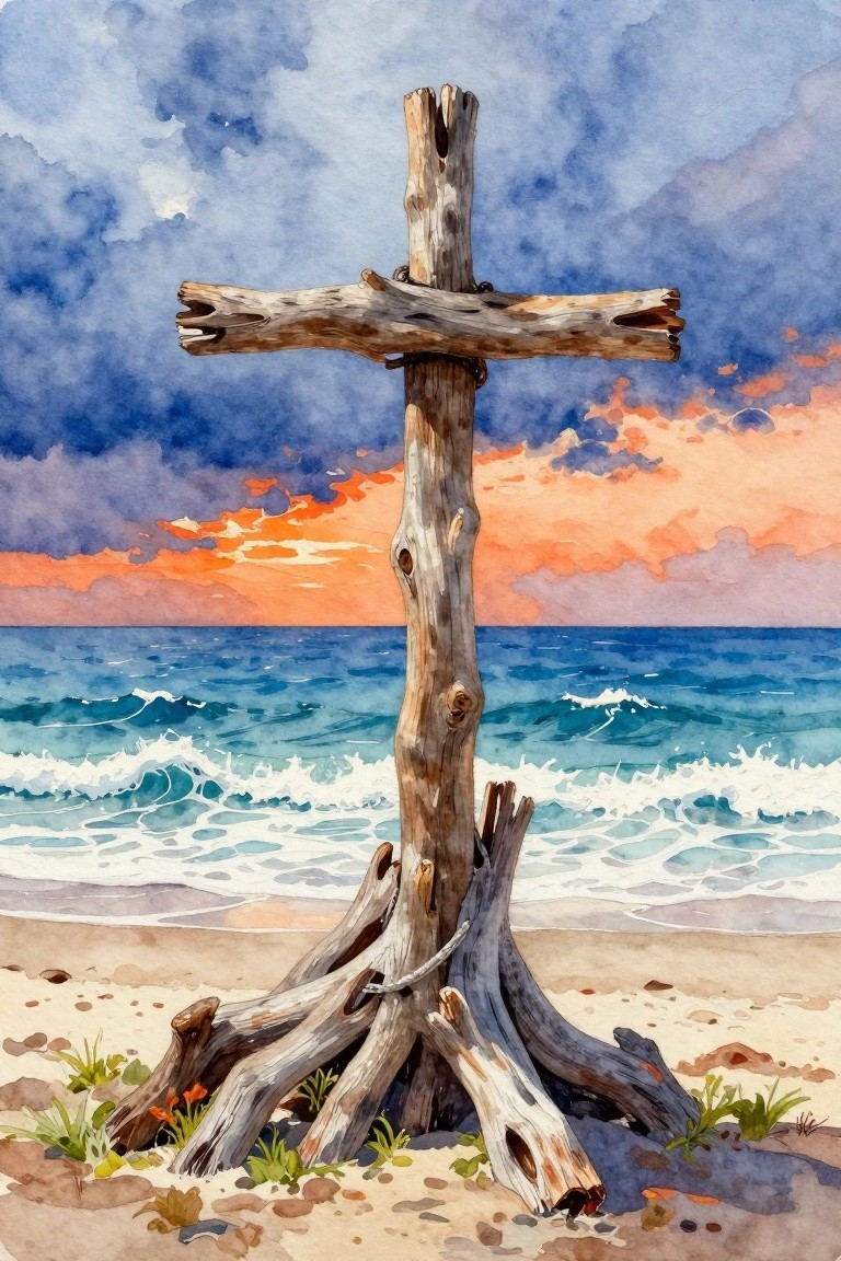 Driftwood cross stands on sandy beach with ocean waves and vibrant sunset sky