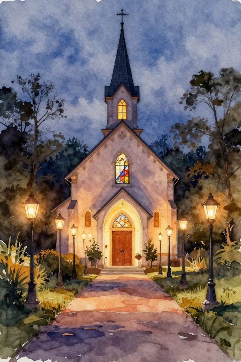 Watercolor of glowing church with steeple, stained glass, and lantern-lined path at night
