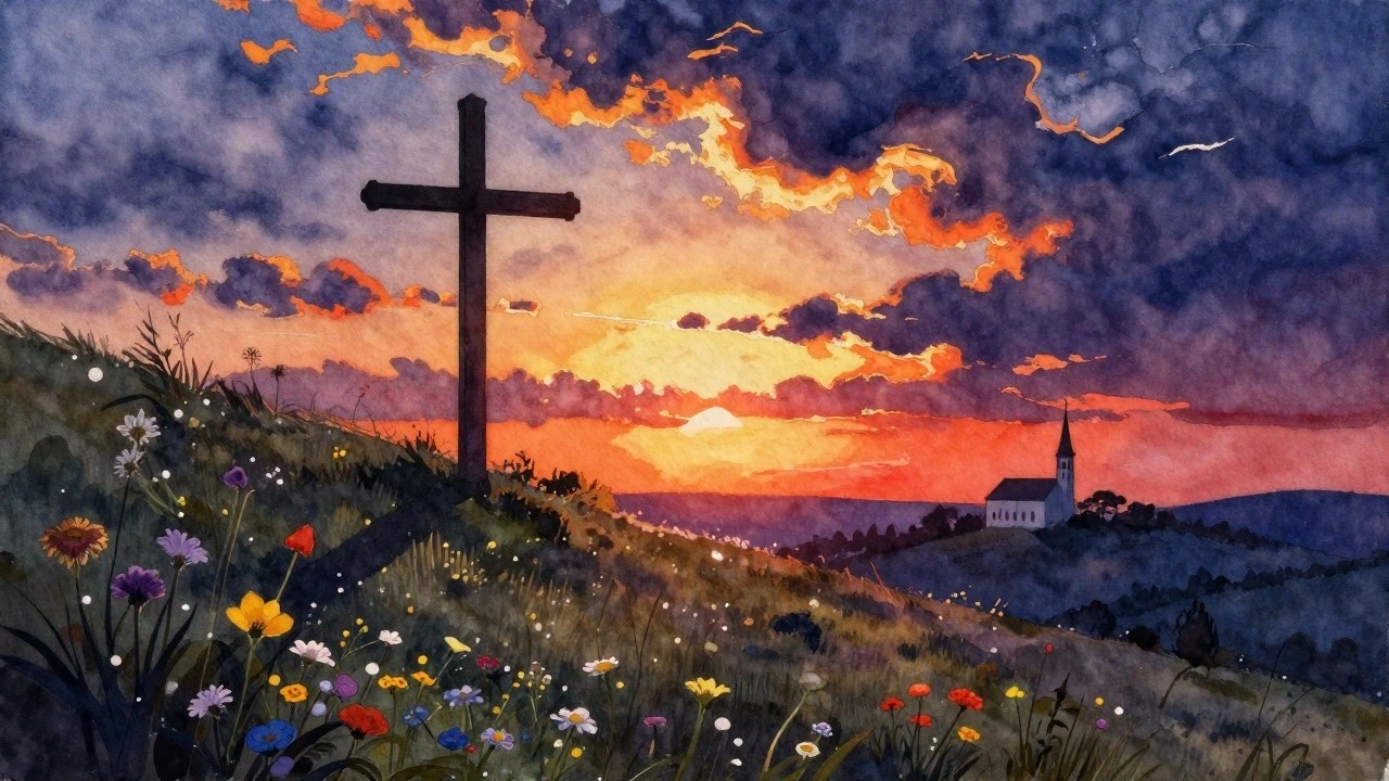 Watercolor sunset with silhouetted cross over rolling hills and colorful wildflowers.