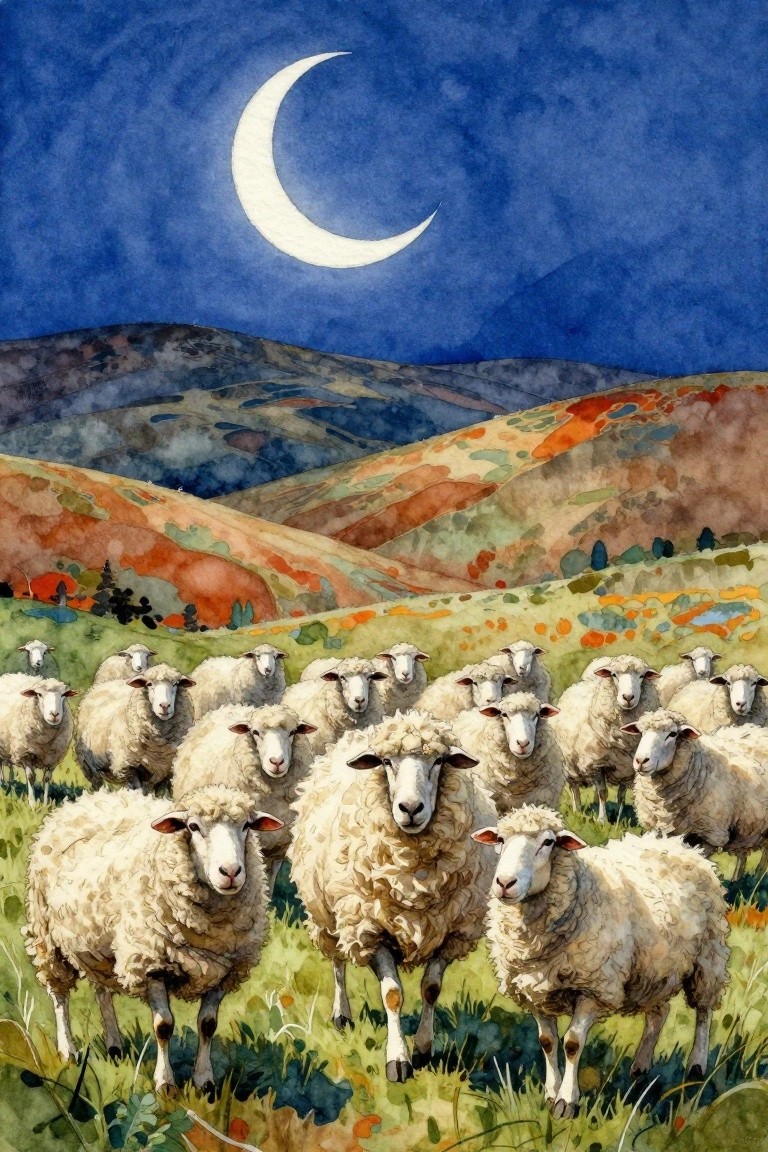 Watercolor of sheep flock on vibrant hills under crescent moon at night