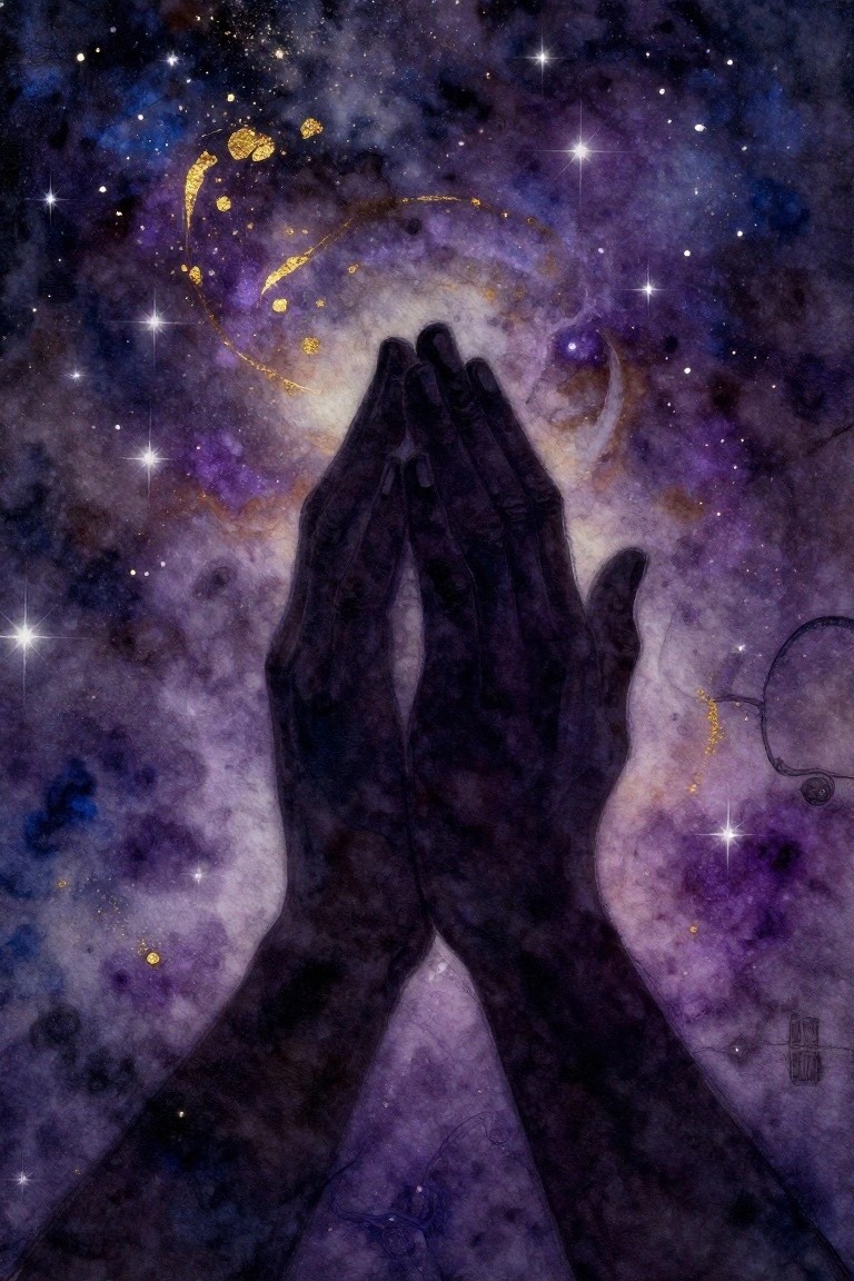 Two dark hands clasped together in prayer against a purple and blue starry galaxy background with gold accents.