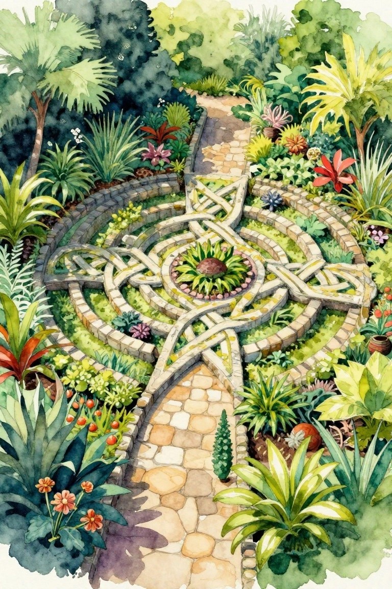 Watercolor of a winding stone labyrinth amid lush colorful tropical plants and flowers.