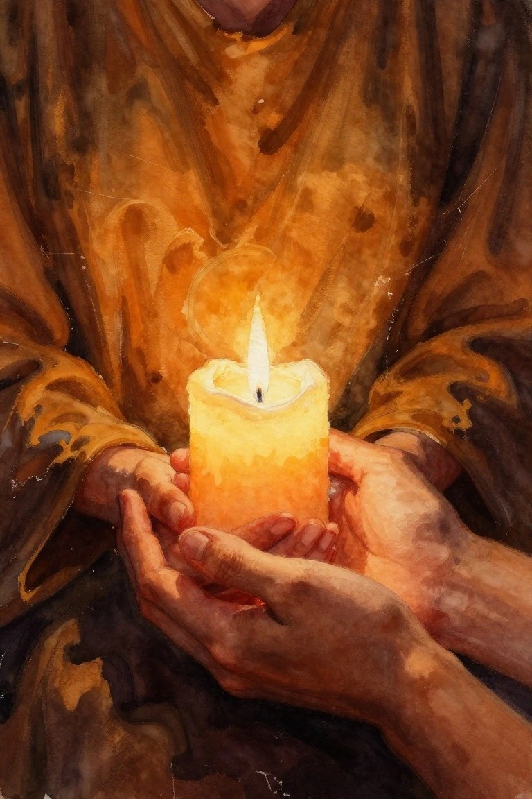 A watercolor painting of two pairs of hands holding a lit candle with a glowing flame.