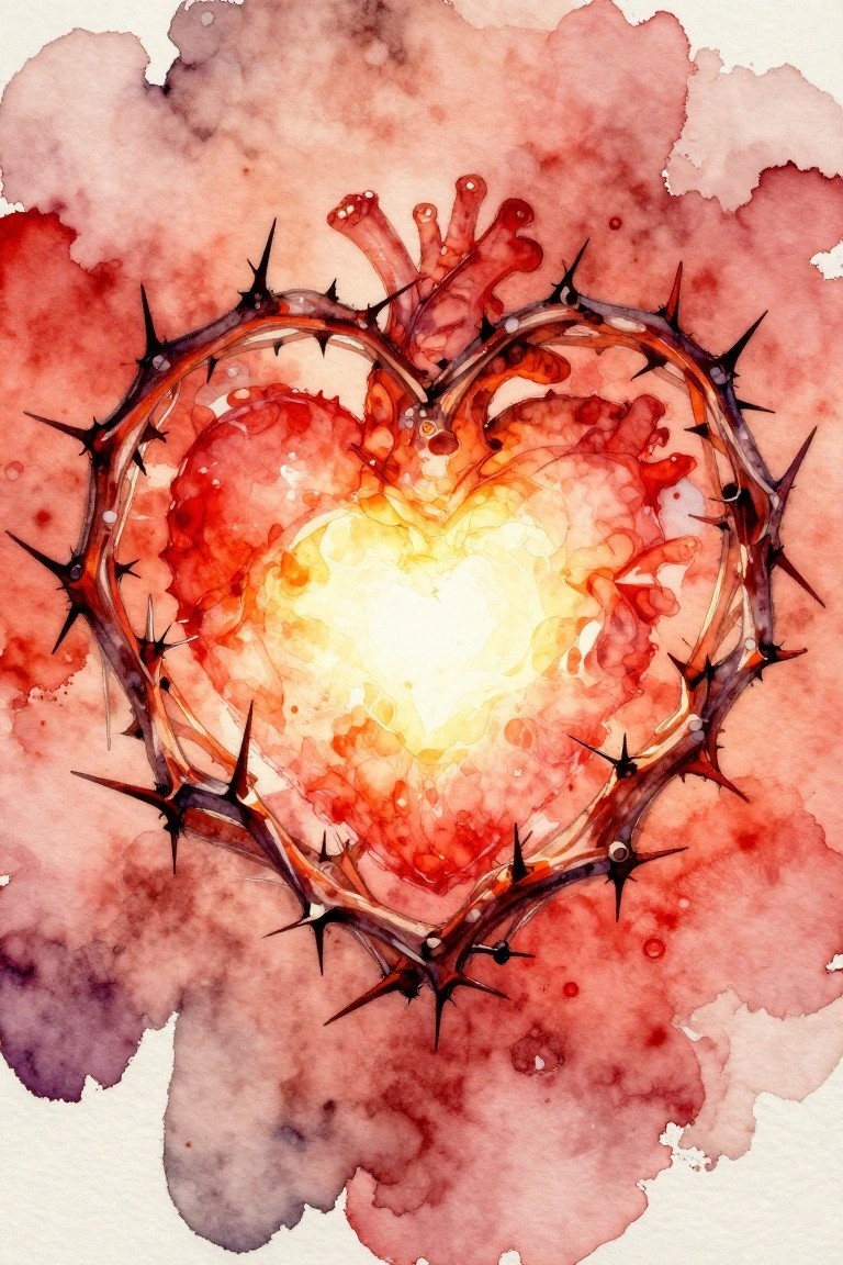 Glowing heart wrapped in thorny vines on red watercolor background