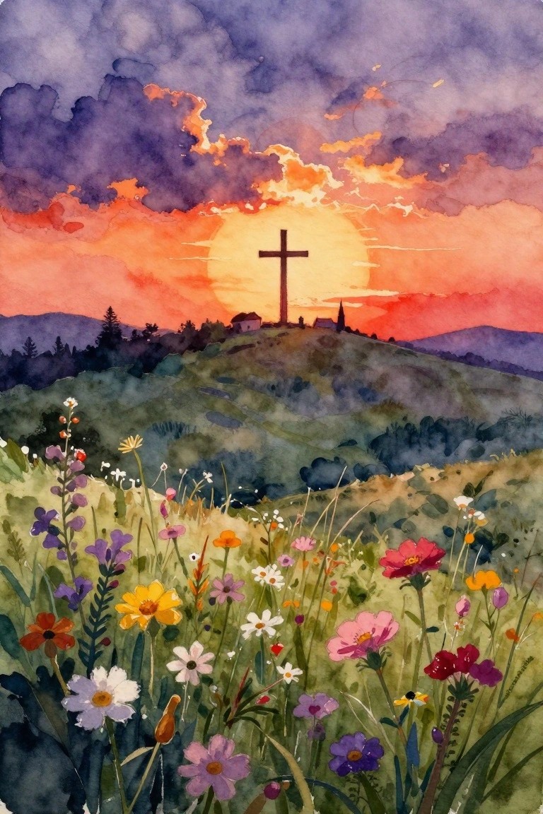 Watercolor sunset with silhouetted cross over rolling hills and colorful wildflowers.