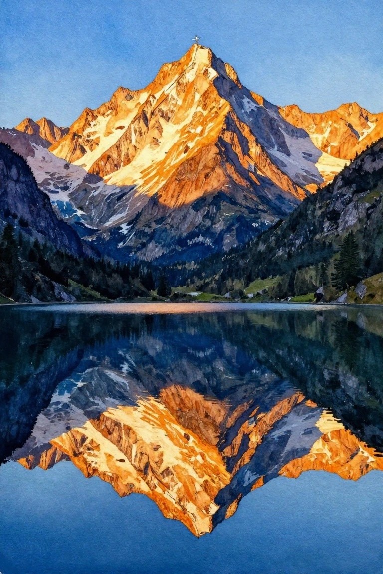 Watercolor of golden peaks with summit cross reflected in calm alpine lake at dawn