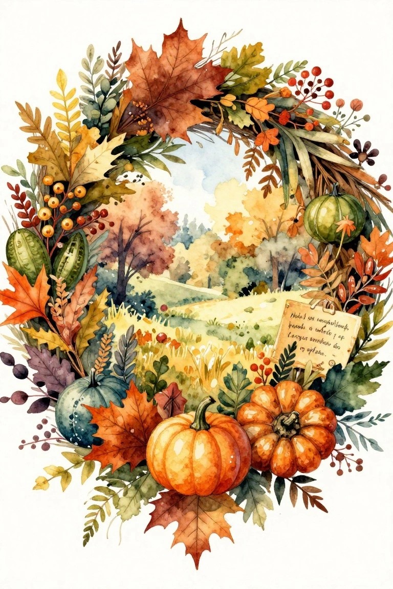 Watercolor autumn wreath of vibrant leaves, pumpkins, berries, and landscape.