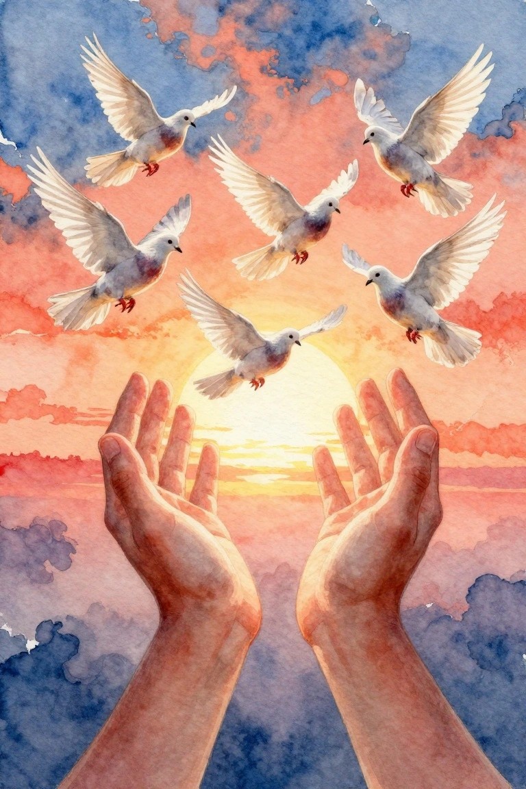 Two hands reaching toward white doves in a vibrant watercolor sunset sky