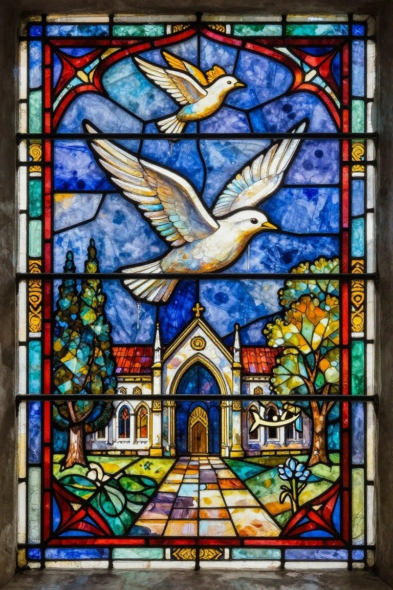 A colorful stained glass window shows two white doves flying above a church building with a path, trees, and garden in the lower sections.