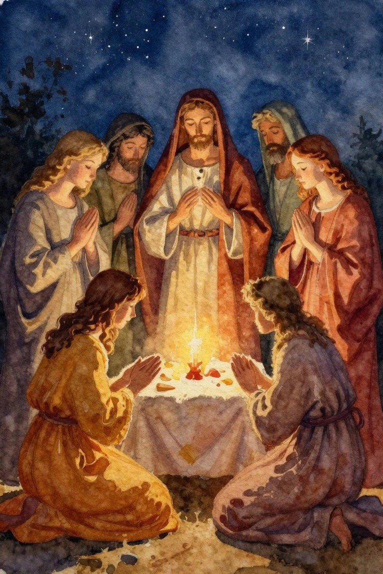 Watercolor of Jesus and robed followers praying around a glowing light under stars.