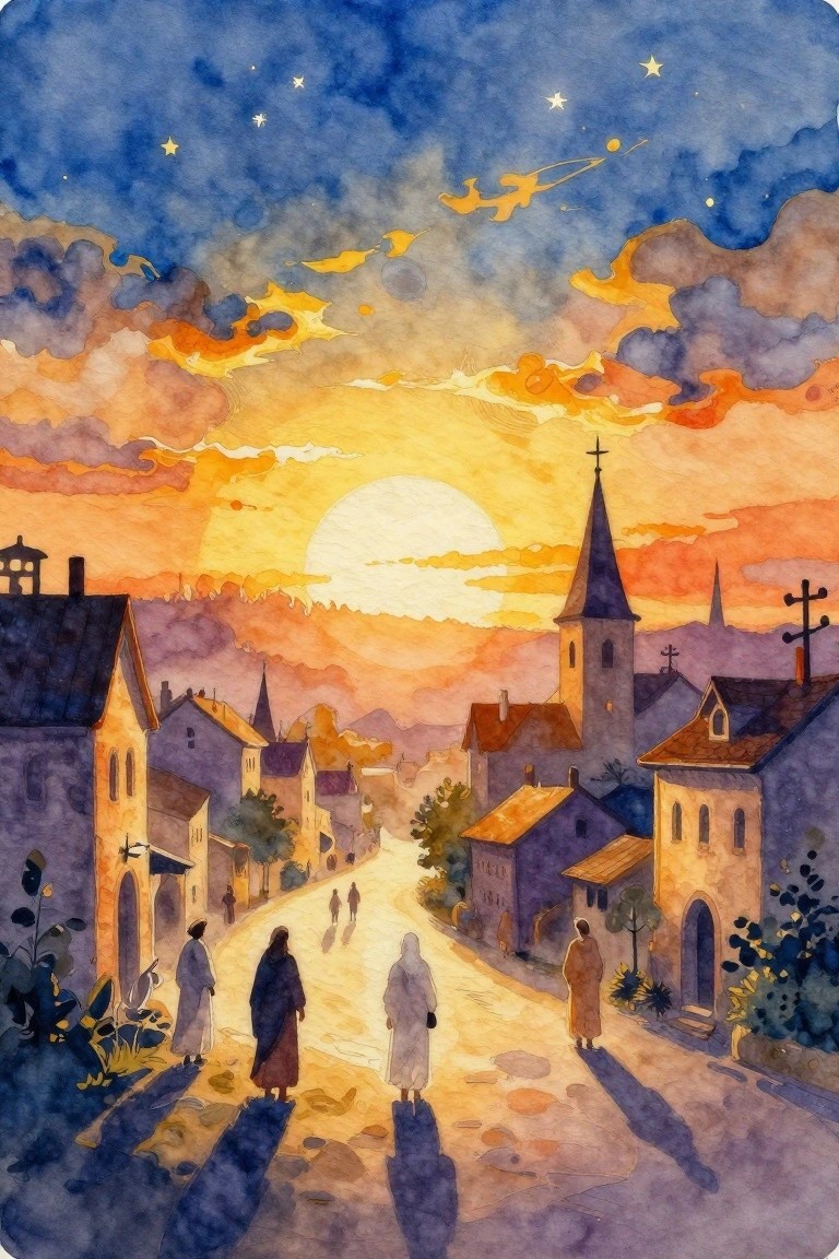 Watercolor of robed villagers on a street at sunset with church steeple and starry sky.