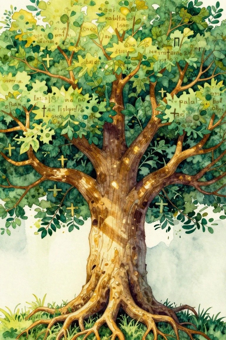 Watercolor tree with thick trunk, sprawling roots, green-yellow leaves, and crosses on branches.