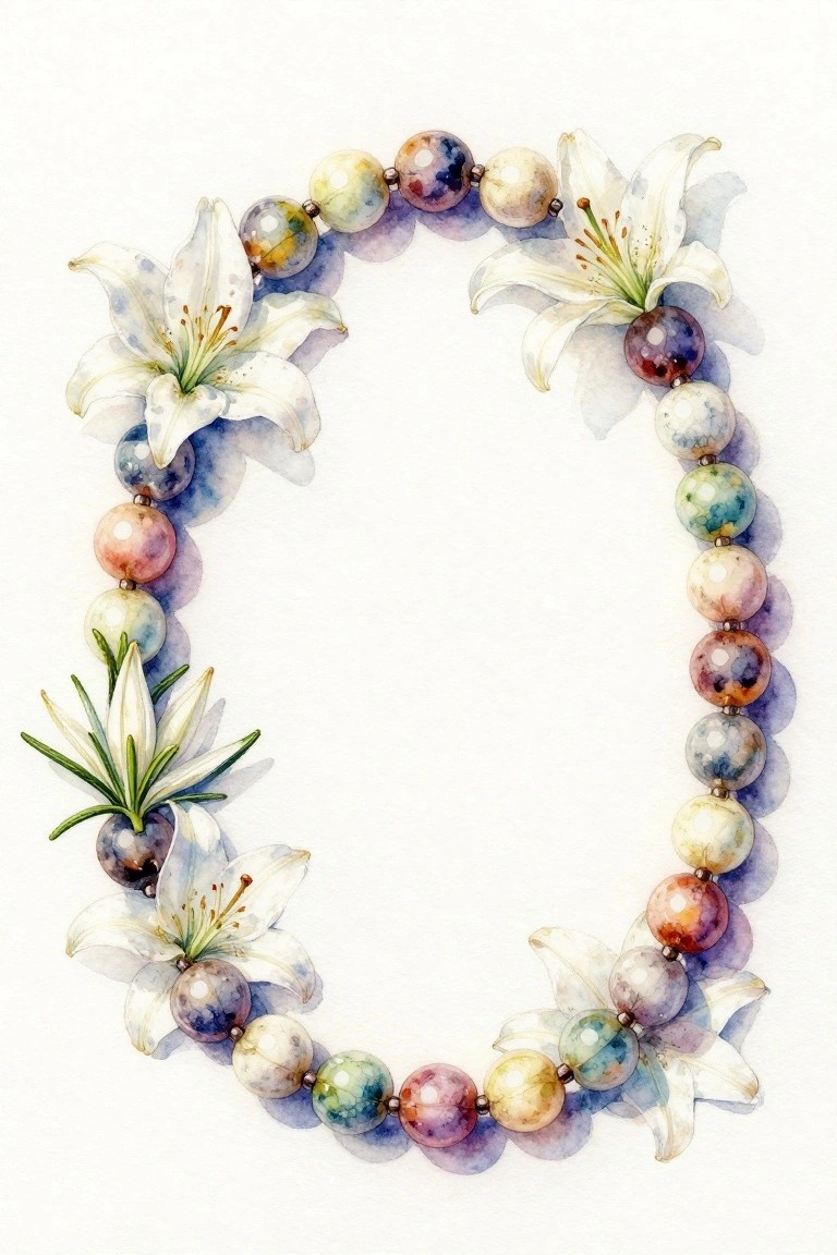 Watercolor of multicolored beaded bracelet with white lilies on white background.