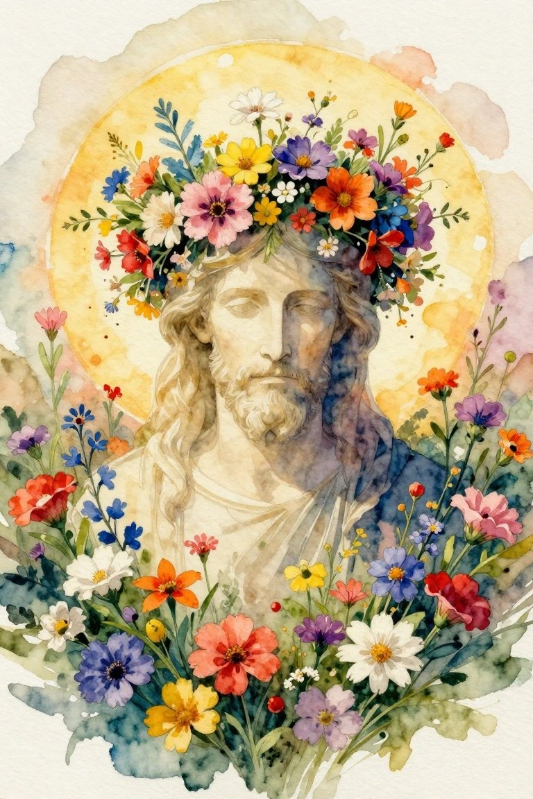 Jesus with floral crown, golden halo, surrounded by colorful watercolor blooms