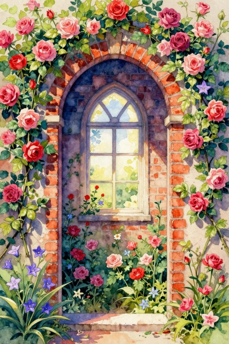 Watercolor of arched brick window framed by climbing red and pink roses with wildflowers.
