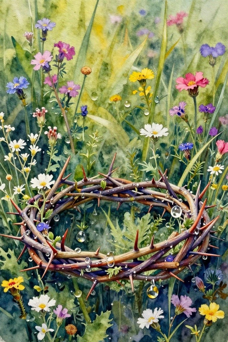 Crown of thorns amid colorful wildflowers and glistening dewdrops in watercolor meadow