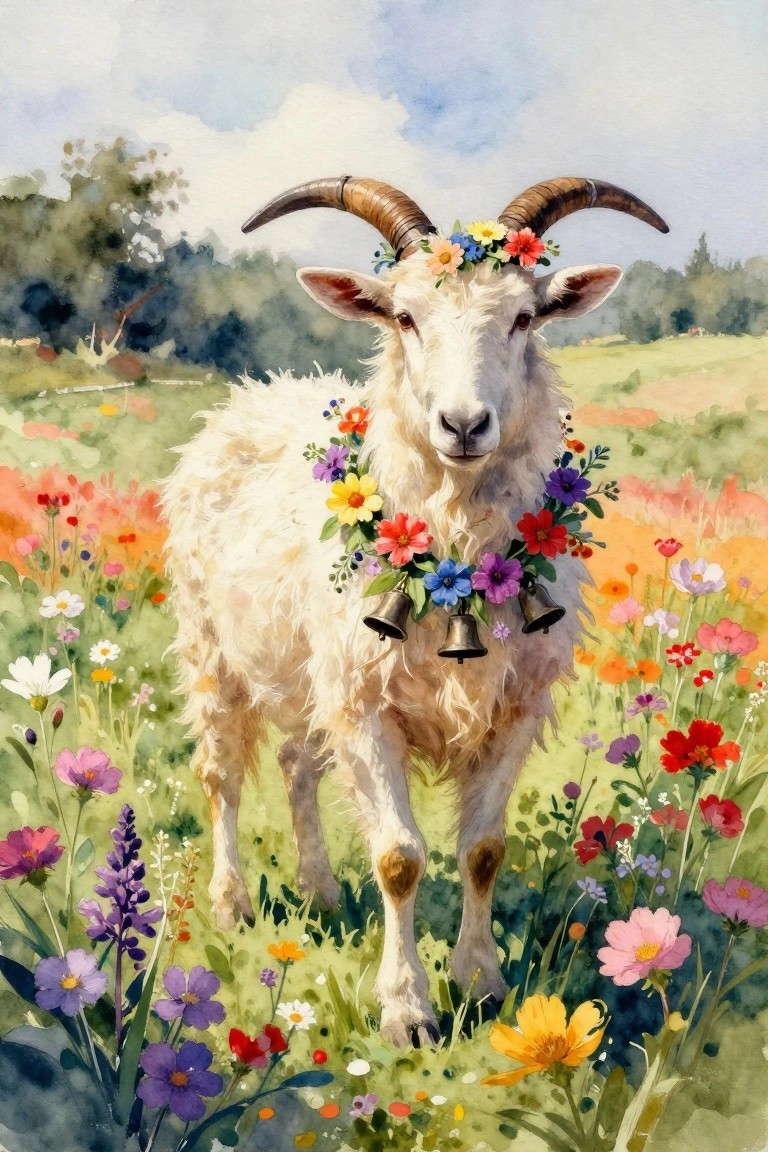 A white goat with horns stands in a colorful wildflower field wearing flower garlands and bells.