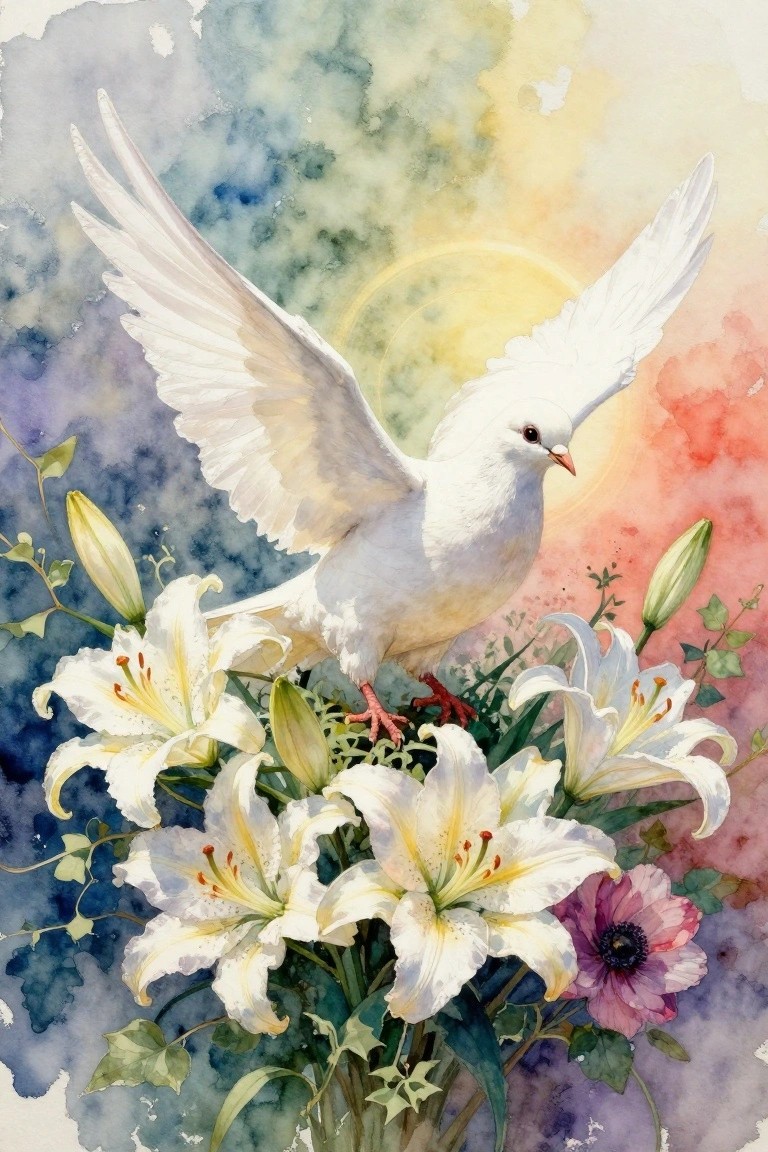 A white dove with spread wings stands among white lilies and one purple flower against a soft colorful watercolor sky with a faint glowing circle.