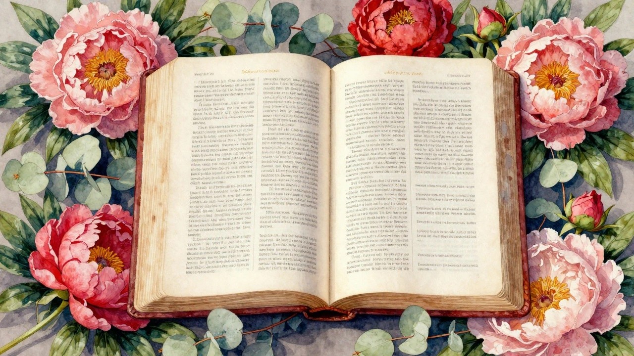 Open book amid pink and red peonies with green leaves, watercolor style.