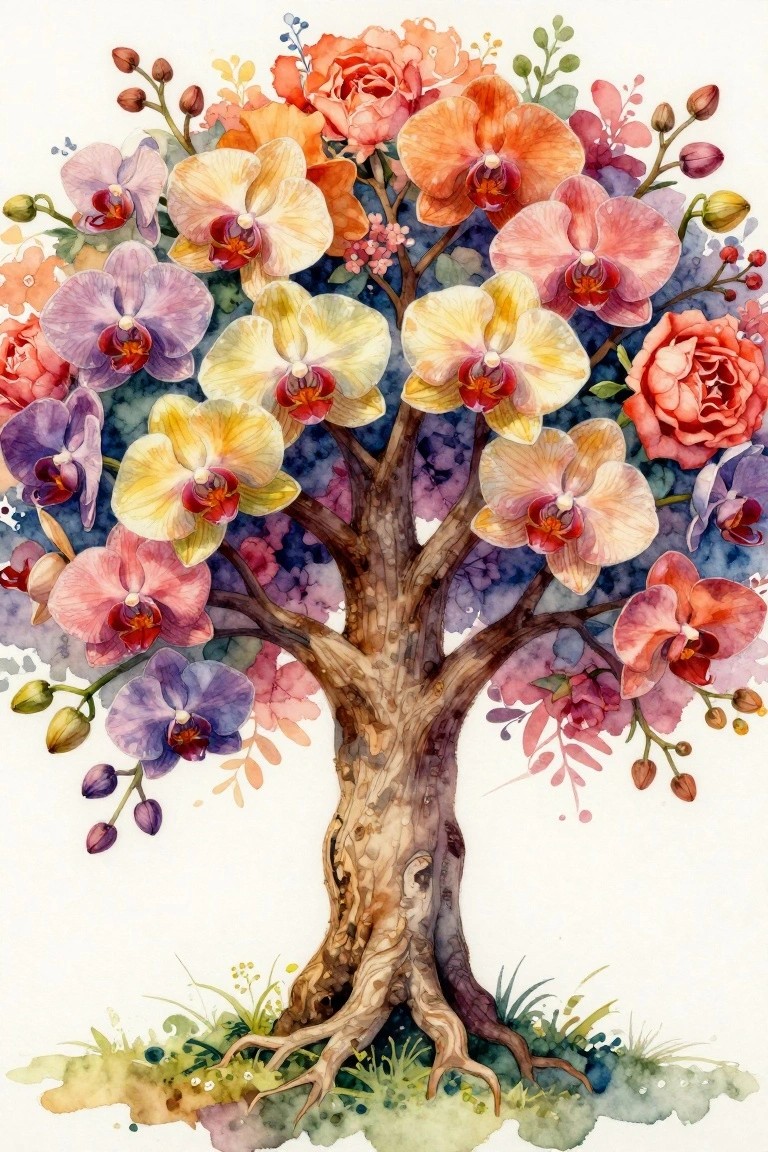 A watercolor painting of a tree with a gnarled brown trunk whose branches are covered in colorful orchids and roses instead of leaves, with grass at the base.
