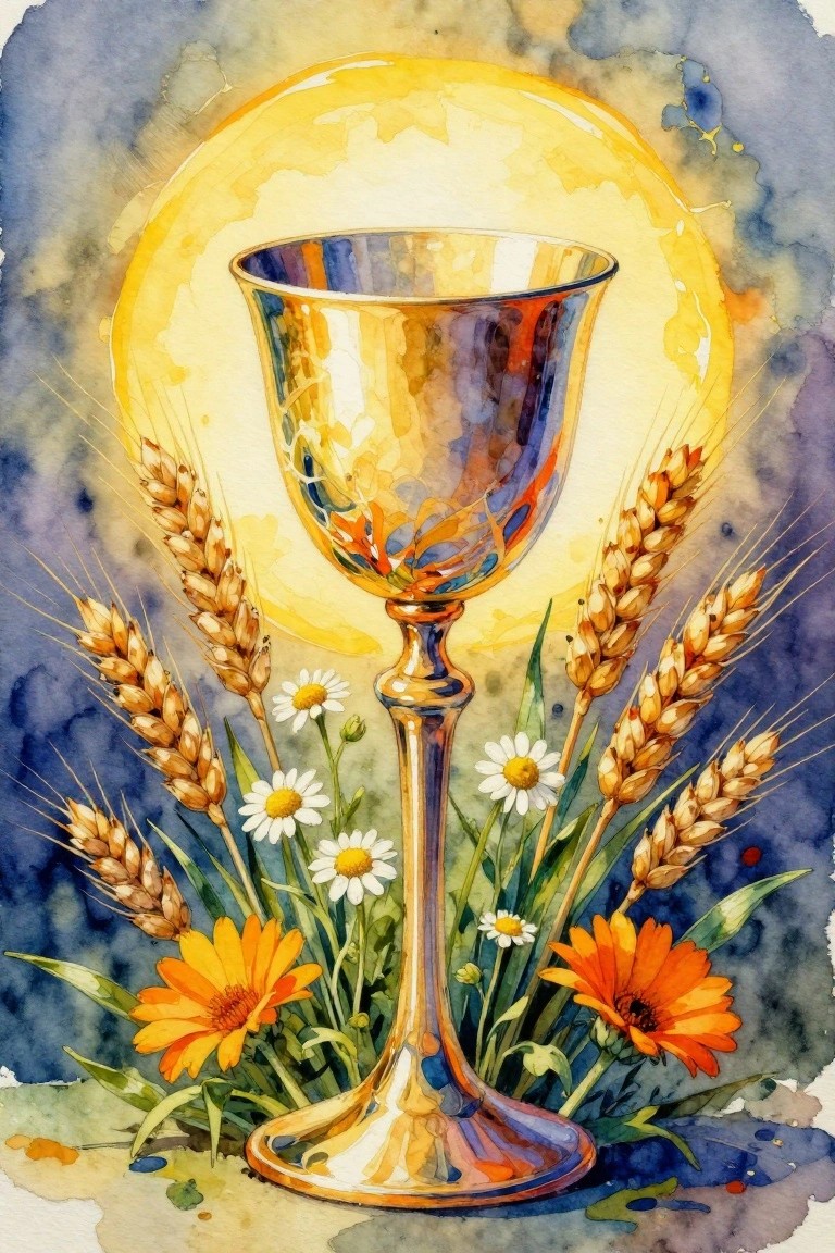 Golden chalice amid wheat stalks, daisies, and orange flowers beneath a glowing yellow sun in watercolor.