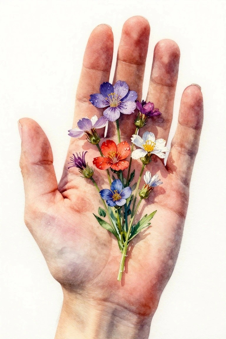 Open hand cradling colorful wildflowers with dew drops in soft watercolor style.