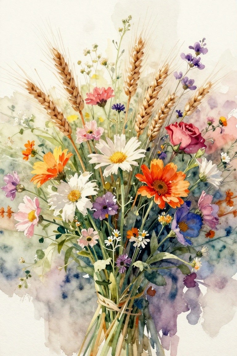 A watercolor painting of a colorful bouquet of flowers and wheat stalks tied with a ribbon against a soft background.