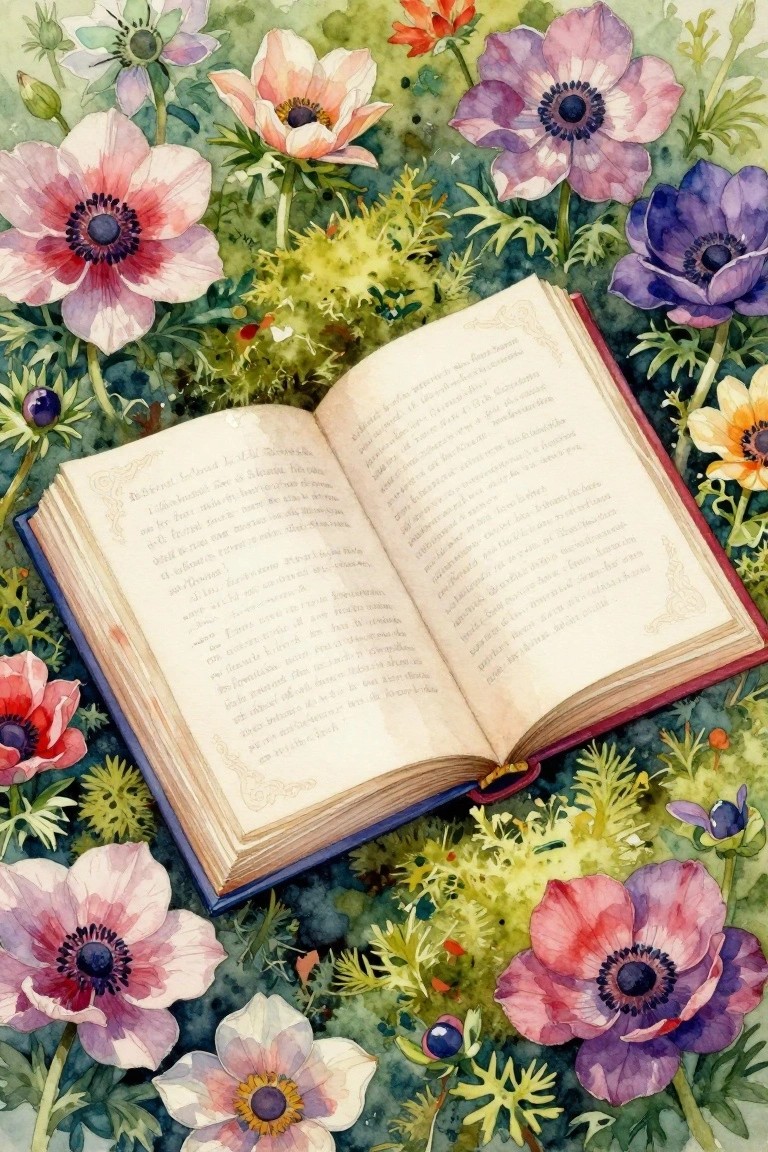 Open book amid vibrant pink and purple watercolor flowers in lush garden.
