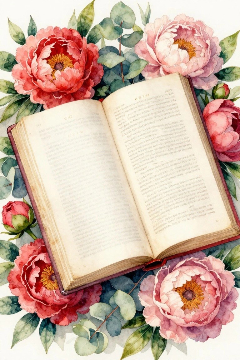 Open book amid pink and red peonies with green leaves, watercolor style.