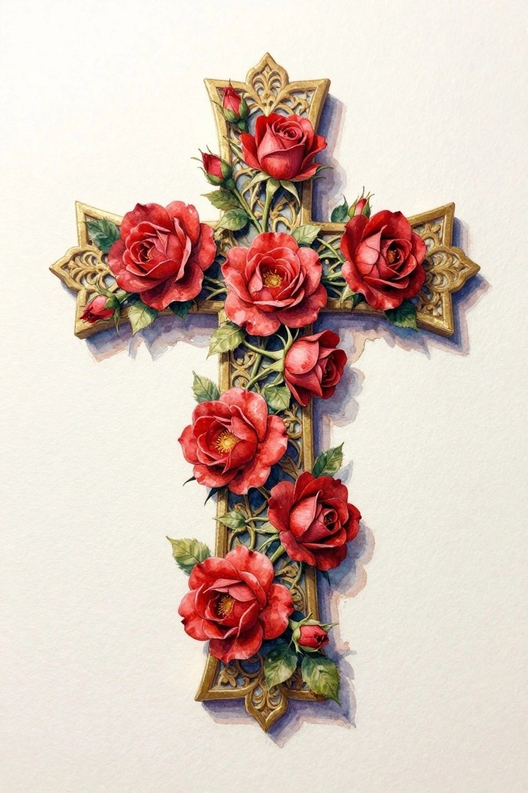 Ornate golden cross adorned with blooming red roses and green leaves in watercolor.