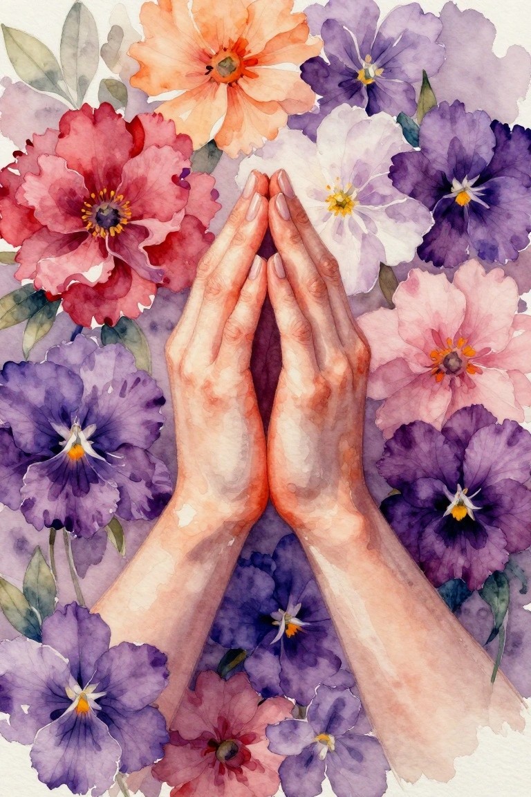 Watercolor hands pressed together amid vibrant purple pink and orange flowers