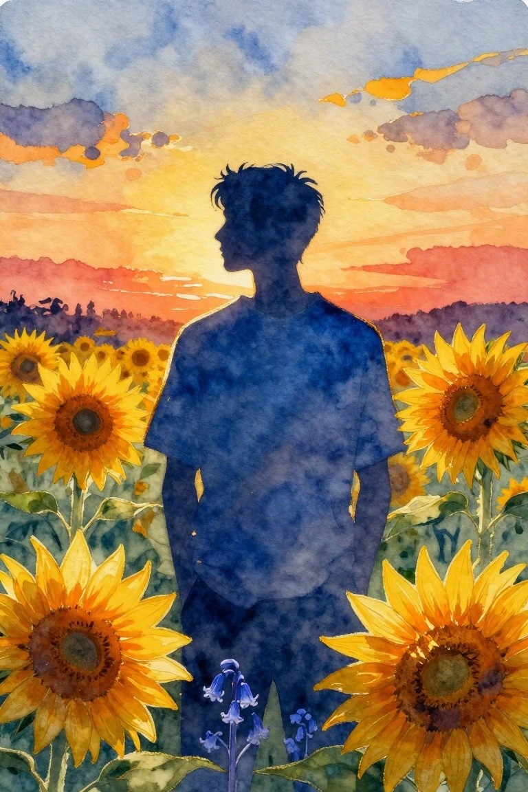Blue silhouette of young man amid sunflowers under vibrant sunset sky in watercolor