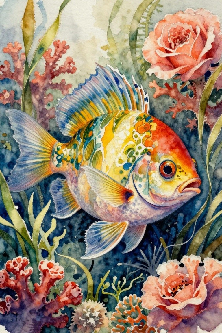 Colorful fish swims amid coral, seaweed, and pink roses in watercolor style