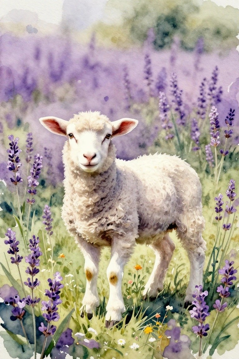 Fluffy white lamb standing in a blooming purple lavender field, watercolor style
